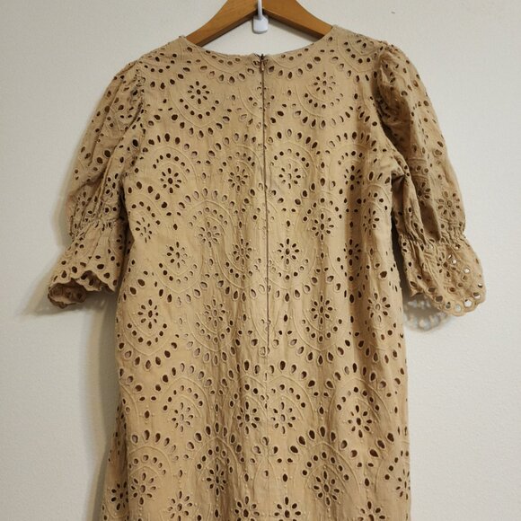 By Flow Mini Dress Eyelet Embroidered Lace Beige V Neck Zip Ruffle Feminine Edgy - Picture 8 of 15